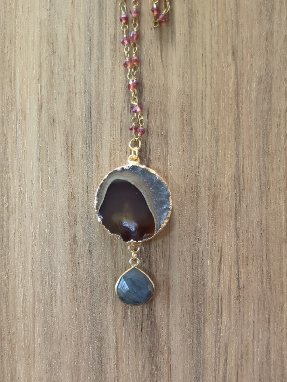 Agate And Labradorite Pendant Necklace with Garnet Bead Chain - Picture 3 of 4